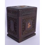 A CHINESE REPUBLICAN PERIOD HARDWOOD BOX AND COVER decorated with calligraphy and objects. 13 cm x 8