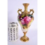 Royal Worcester two handled vase painted with roses in Hadley style, shape 2426 date mark 1911. 23cm