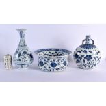 A LARGE CHINESE BLUE AND WHITE PORCELAIN ISLAMIC STYLE BASIN 20th Century, together with two vases.