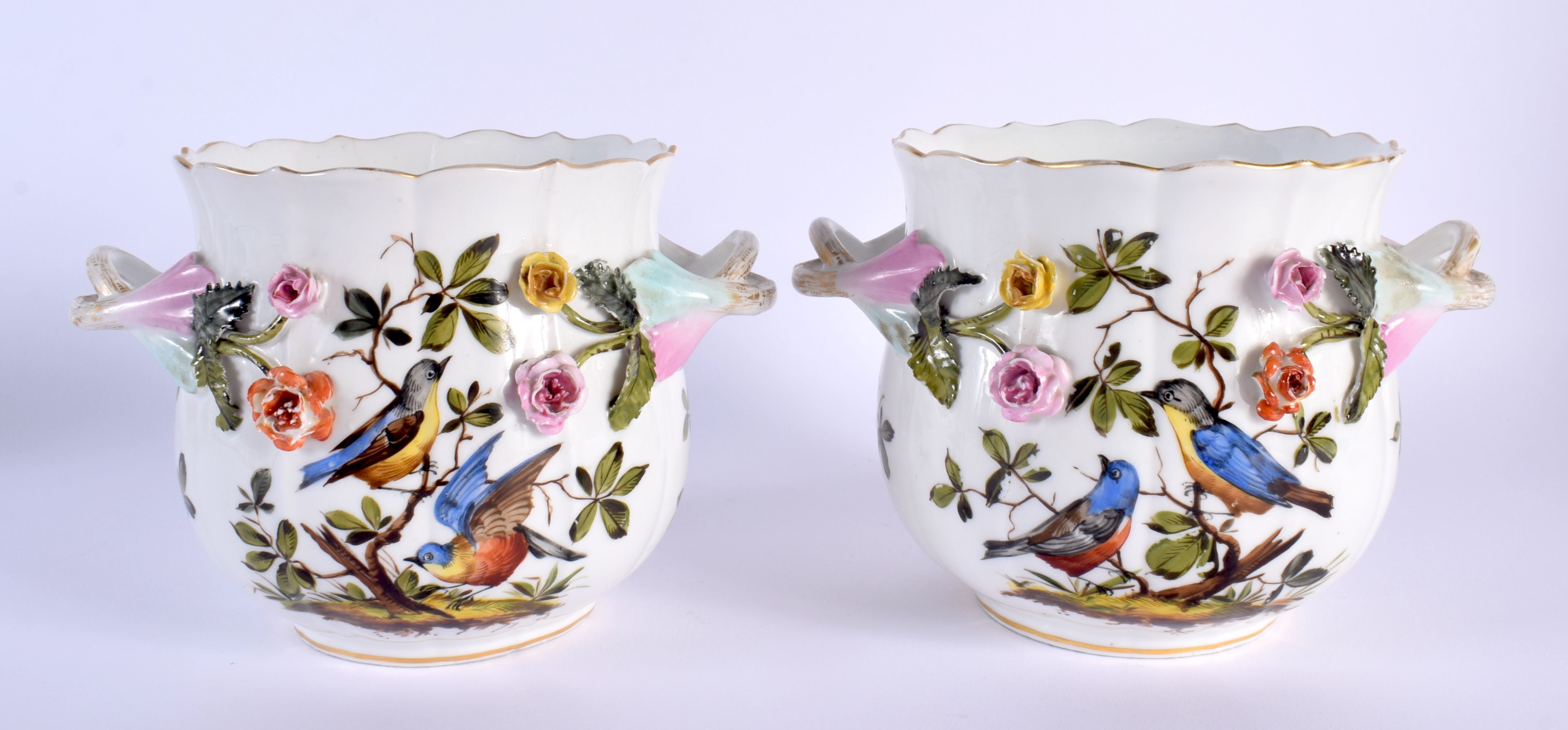 A PAIR OF 19TH CENTURY GERMAN TWIN HANDLED ENCRUSTED PORCELAIN JARDINIERES painted with birds. 17 cm - Bild 2 aus 4