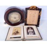 A wooden framed 'A Franks Ltd' barometer, together with a tortoiseshell picture frame and a Victoria