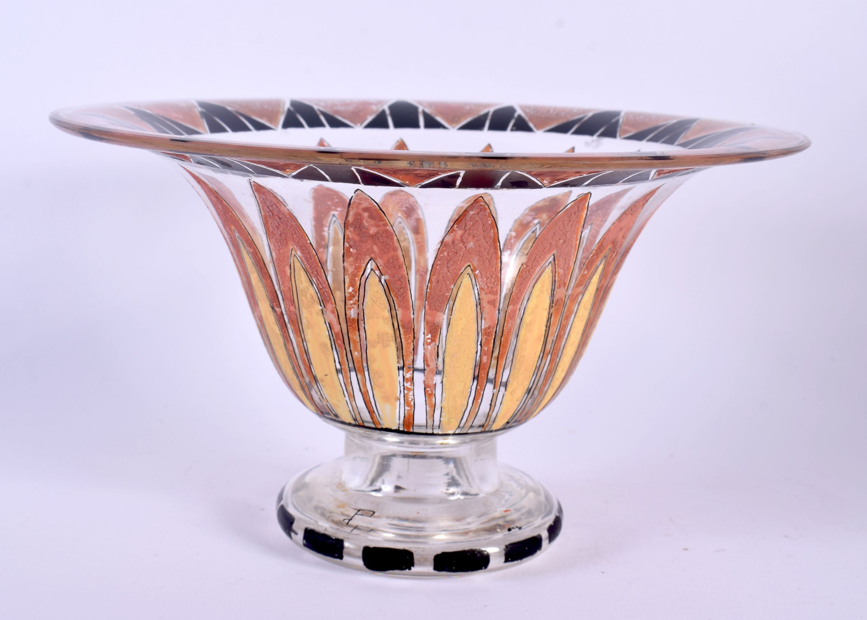 AN ART DECO FRENCH ENAMELLED GLASS BOWL. 18 cm diameter.