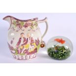 AN UNUSUAL 19TH CENTURY SUNDERLAND LUSTRE HUNTING JUG together with a glass paperweight. Largest 14