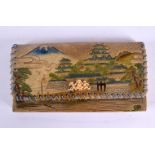AN EARLY 20TH CENTURY JAPANESE MEIJI PERIOD EMBOSSED LEATHER PURSE with three applied ivorine monkey