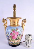 A LARGE 19TH CENTURY FRENCH PARIS PORCELAIN TWIN HANDLED LAMP painted with flowers in a landscape. 4