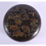 A RARE 19TH CENTURY JAPANESE MIXED METAL BOX AND COVER decorated with insects and foliage. 13.5 cm d