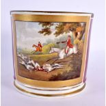 19th century English porcelain mug painted horses and riders with hunting dogs in a chase scene, the