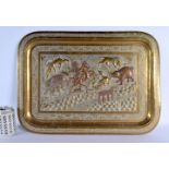A LARGE 19TH CENTURY INDIAN MIXED METAL RECTANGULAR TRAY decorated with a hunting scene. 60 cm x 44
