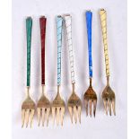 SIX VINTAGE DANISH SILVER AND ENAMEL FORKS. 81 grams. 12 cm long. (6)