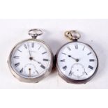 TWO VICTORIAN SILVER POCKET WATCHES. 239 grams. Birmingham 1872 & 1883. 5.25 cm diameter. (2)