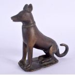 A RARE 17TH/18TH CENTURY MIDDLE EASTERN INDIAN BRONZE FIGURE OF A DOG modelled wearing an engraved c