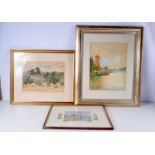 A framed watercolour of a riverside windmill by J Morgan 1910 together with a watercolour by H J Yat