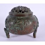 A 19TH CENTURY JAPANESE MEIJI PERIOD BRONZE CENSER AND COVER overlaid with bamboo. 10 cm wide.
