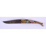 A RARE M YOSUE RAMPUR CLICKING ENAMELLED LADIES FOOT KNIFE. 20 cm long extended.