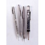 FOUR SILVER PENS. 96 grams. 13 cm long. (4)