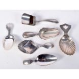 SIX ASSORTED SILVER CADDY SPOONS. Various hallmarks, Largest 8.7cm x 3.6cm, total weight 53g