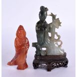 A 19TH CENTURY CHINESE CARVED JADEITE FIGURE OF A GODDESS Qing, together with a carved agate figure.