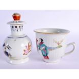 A 19TH CENTURY CHINESE FAMILLE ROSE LOBED CUP Qing, together with a tea caddy and cover. Largest 12