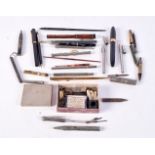 A collection of Pens/pencils Sheaffer 14 Kt fountain pen, Platinum , cased thermometers, pencils etc