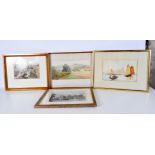 A framed watercolour of a rural scene by J Clifford together with two other watercolours and a print