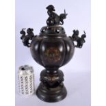 A LARGE 19TH CENTURY JAPANESE MEIJI PERIOD BRONZE AND CHAMPLEVE ENAMEL CENSER AND COVER decorated wi