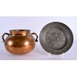 A HEAVY 19TH CENTURY INDIAN BRONZE VESSEL together with an engraved alloy plate. Largest 20 cm x 15