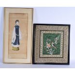 Japanese School (C1920) Watercolour, together with an embroidered silk. Largest 72 cm x 45 cm. (2)