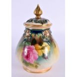 Royal Worcester Hadley ware vase and cover moulded with green clay and painted with roses, shape 291