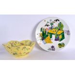 A LARGE CHINESE FAMILLE VERTE PORCELAIN DISH 20th Century, together with a yellow glazed bowl. Large