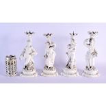 A SET OF FOUR EARLY 20TH CENTURY EUROPEAN BLANC DE CHINE FOUR SEASON CANDLESTICKS. 25 cm high. (4)