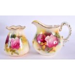 Royal Worcester milk jug painted with roses by M. Hunt, signed, date mark 1938 and another vase, sha