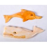 TWO CARVED BONE ANIMALS, A WHALE AND A DOLPHIN. Largest 8.1cm x 2.3cm x 0.6cm (2)