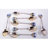 A SET OF UNUSUAL SET OF ART DECO SILVER AND ENAMEL SPOONS. Birmingham 1928 to 1941. 122 grams. 12 cm