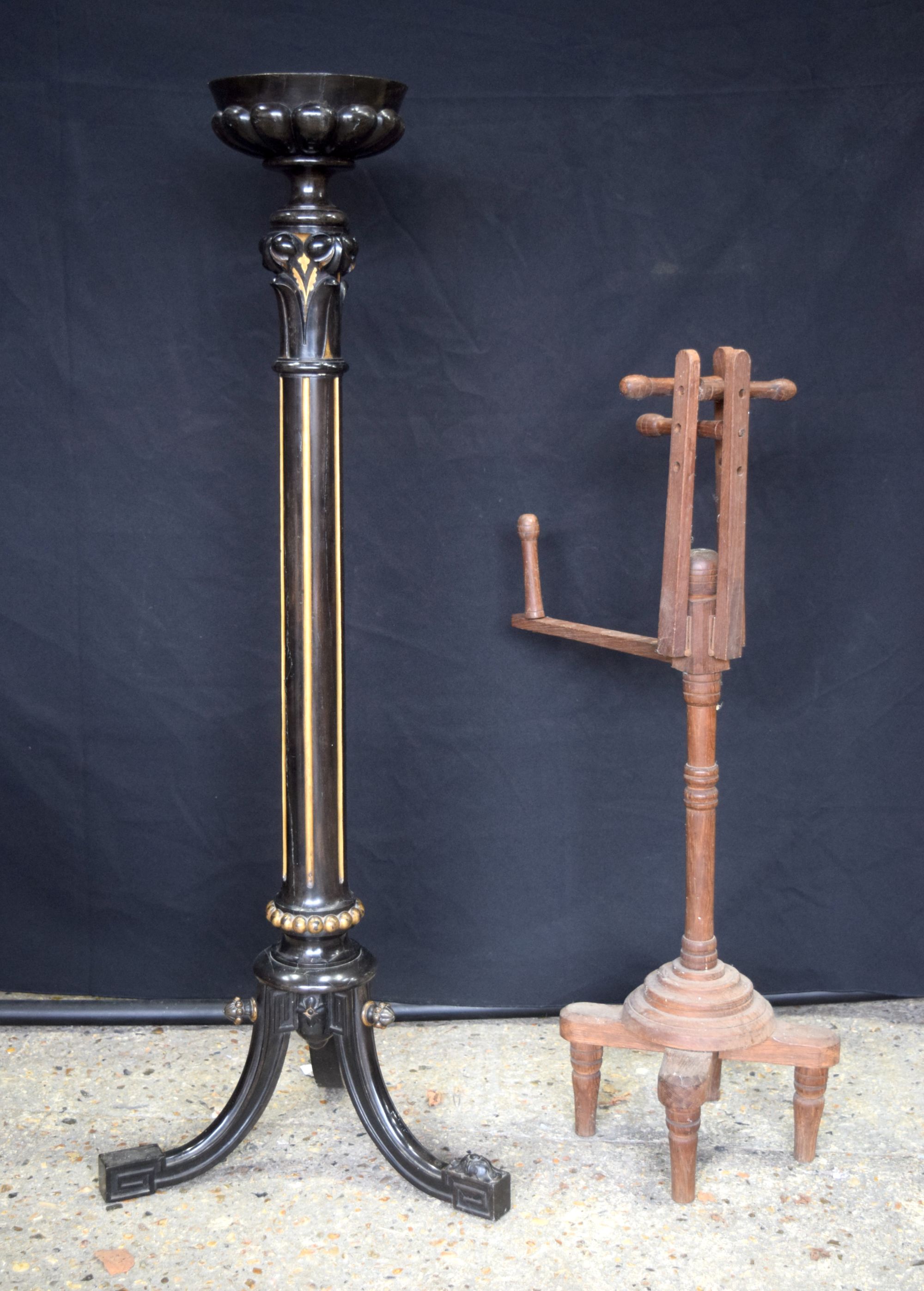 AN EARLY VICTORIAN BRONZE MOUNTED PEDESTAL STAND together with another. Largest 116 cm x 18 cm. (2)