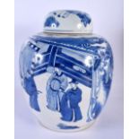 A FINE LARGE 17TH/18TH CENTURY CHINESE BLUE AND WHITE GINGER JAR AND COVER Kangxi, painted with figu