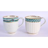 18th century Worcester coffee cups both with turquoise borders, one of fluted form painted with a r