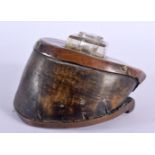 A VICTORIAN EQUESTRIAN COPPER MOUNTED HORSE HOOF INKWELL. 15 cm x 10 cm.