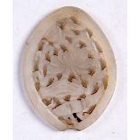 A 19TH CENTURY CHINESE CARVED GREYISH WHITE JADE PLAQUE. 7 cm x 4.5 cm.