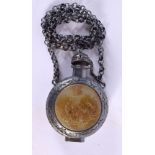 A CHINESE JADE AND WHITE METAL SNUFF BOTTLE 20th Century. 117 grams. Chain 60 cm long, bottle 8 cm x
