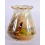 Royal Worcester sack vase, shape G957, painted with a brace of Pheasants by Jas. Stinton, signed, da