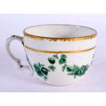 18th century Bristol tea cup or handled teabowl painted with green pendants of roses, X1 mark to bas