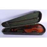 A CASED SINGLE PIECE BACK VIOLIN with bow. Violin 59 cm long, length of back 36 cm long.