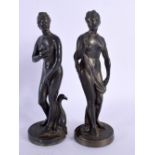 A PAIR OF 19TH CENTURY EUROPEAN BRONZE GRAND TOUR FIGURES OF FEMALES modelled upon circular bases. 1