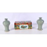A pair of Chinese porcelain Guan ware vases together with a Famille Rose lidded porcelain box 8 x 19