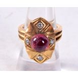 A GOOD 18CT GOLD DIAMOND AND RUBY RING. 11 grams. M.