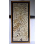 A LARGE 19TH CENTURY JAPANESE MEIJI PERIOD FRAMED SILK WORK PANEL depicting birds. 130 cm x 54 cm.