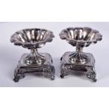 A PAIR OF ANTIQUE FRENCH SILVER SALTS. 108 grams. 7 cm x 6.25 cm.