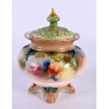Hadleys Worcester four footed pot pourri vase and cover painted with roses, green Hadleys Worcester