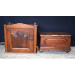 A CHARMING COUNTRY WOOD HANGING CABINET and a similar box. Largest 48 cm x 42 cm. (2)
