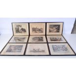 A collection of framed 19th century coloured etchings. 13 x 18 Cm (9)